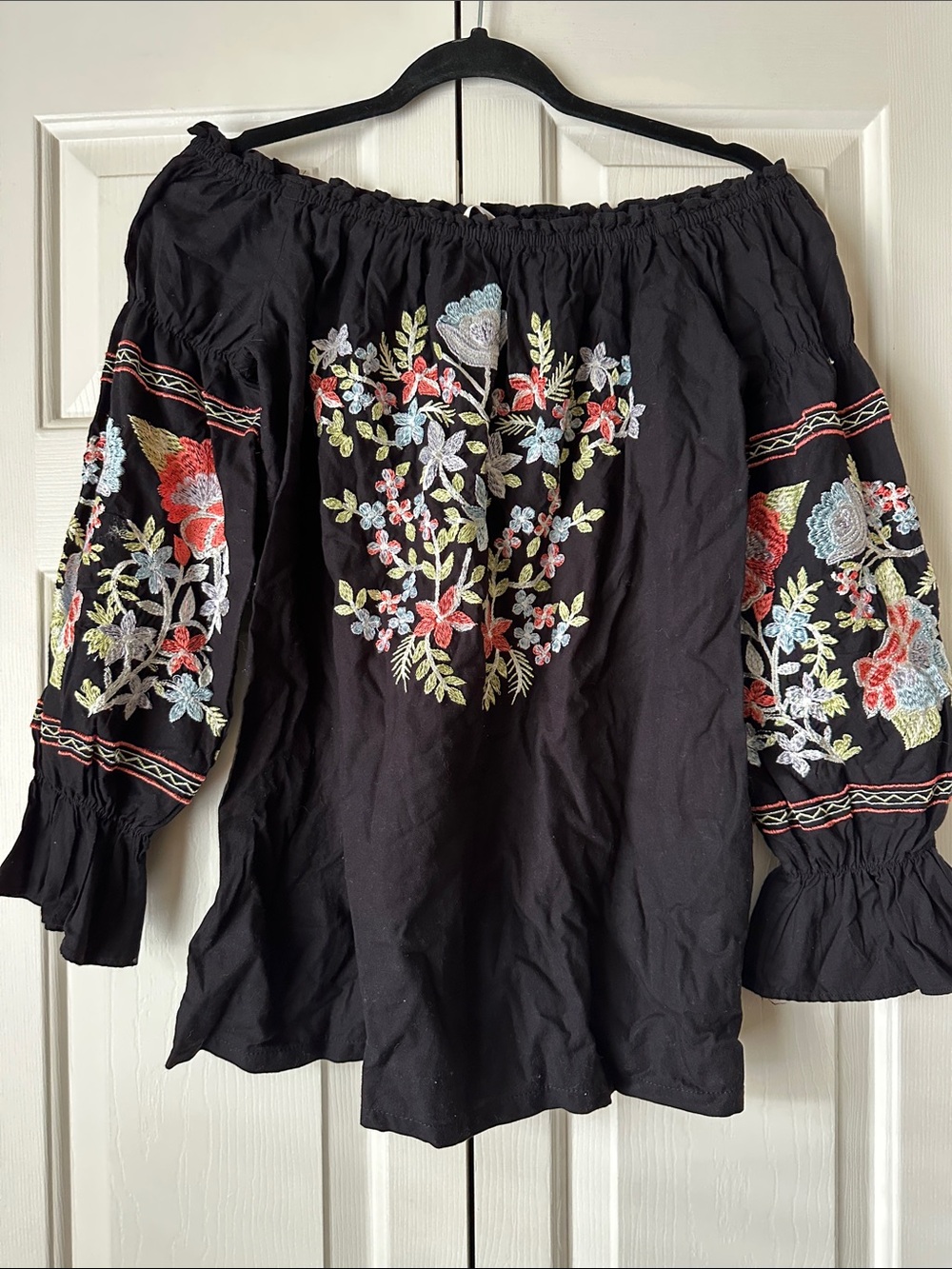 Free wPeople Black Off-Shoulder Embroidered Peasant Tunic